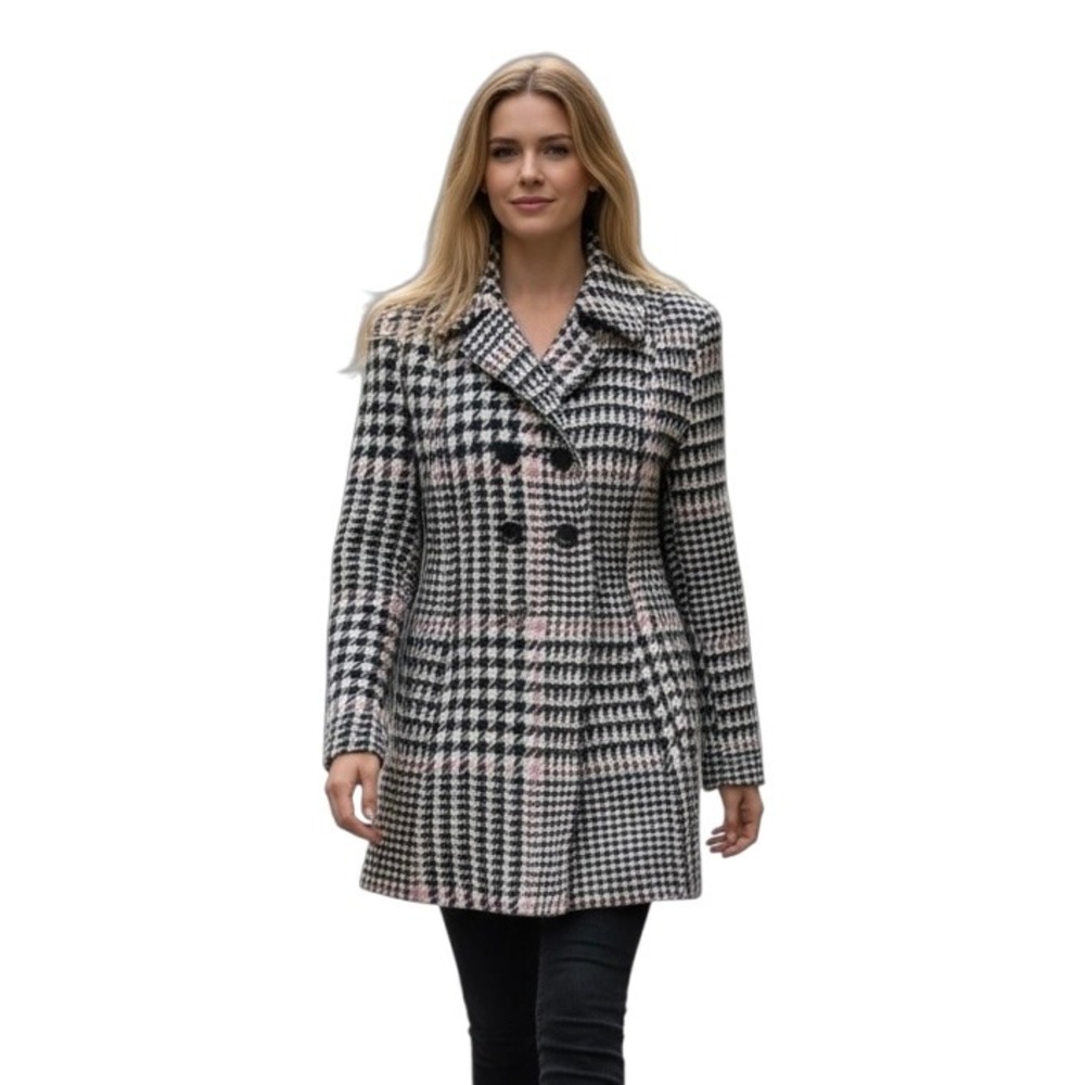 Marvin Richards Wool Blend Houndstooth‎ Coat Pink Black Double Breasted Medium